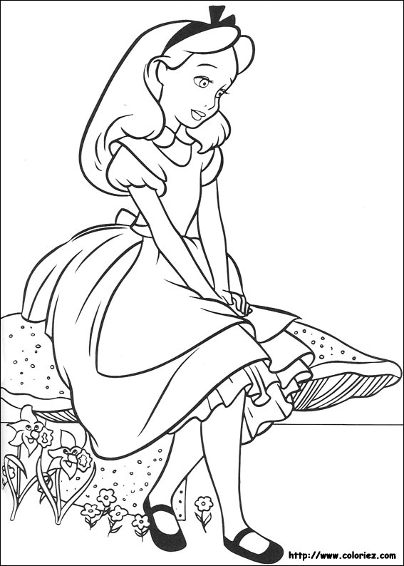 Coloriage d'Alice assise sur un champignon