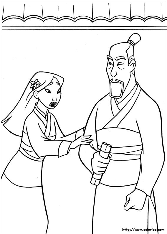 coloriage de Mulan suppliant son père