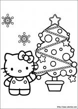 Coloriage d'Hello Kitty et son sapin de Noël