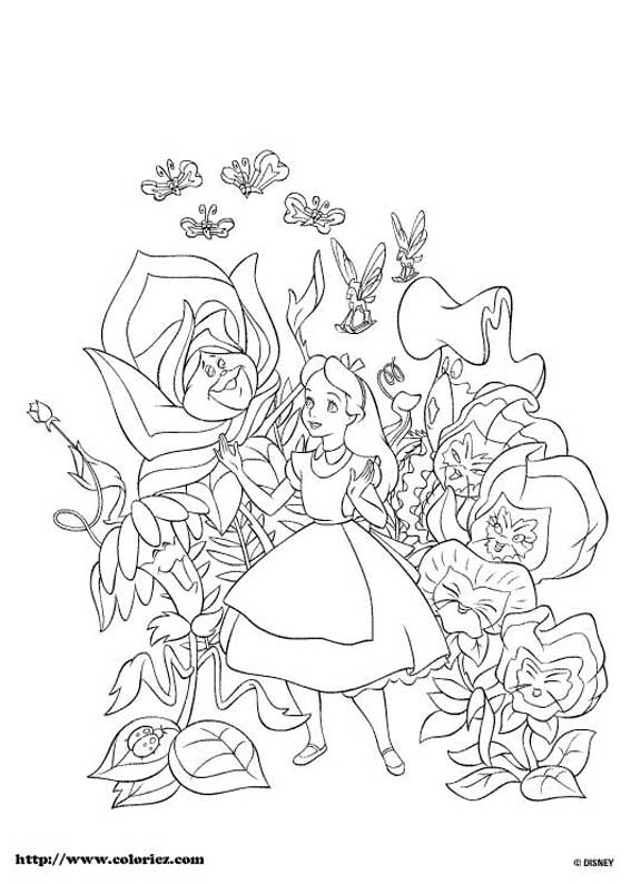 Coloriage d'Alice au milieu des fleurs